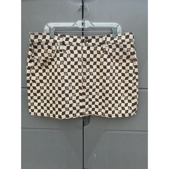Madewell Brown Checker Daisy Print Mini Denim Skirt 70s Retro Vintage Sz 32 NWT - Picture 3 of 11